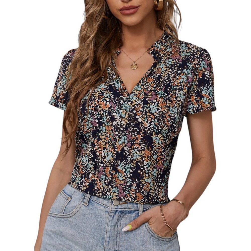SHEIN Ditzy Floral Top Dark Blue Blouse Shirt Top — Size S